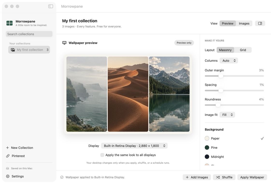 The real Morrowpane Mac app showing a three-image nature collage and layout settings